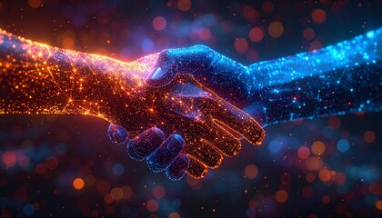 Two luminous hands made of digital particles shaking in a futuristic agreement, symbolizing a technological partnership and virtual collaboration