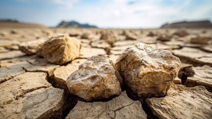 Parched cracked ground with scattered dry stones, close up focus on drought effect and environmental impact of climate change
