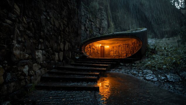 Mysterious modern building entrance glows warmly amidst heavy rain and dark stone walls, inviting exploration into a hidden sanctuary.
