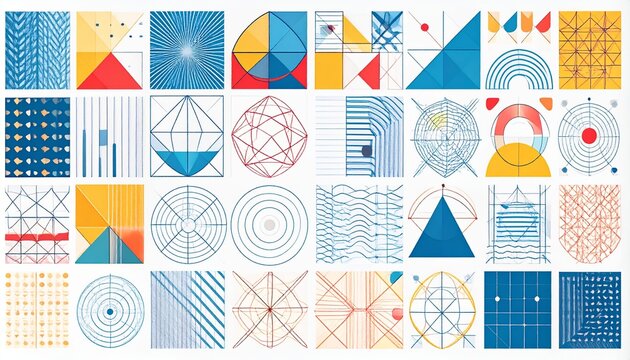 Collection of Geometric Shapes and Patterns in Various Designs and Color Palettes