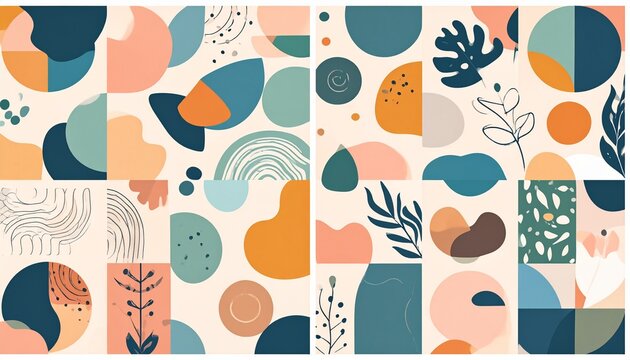 A vibrant collection of hand-drawn abstract shapes, botanical doodles, and modern geometric forms arranged in a seamless collage pattern