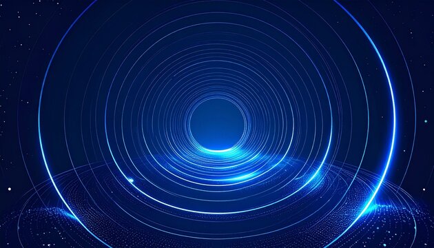Dynamic abstract digital tunnel background with glowing blue circles and futuristic light particles, symbolizing data flow and technological advancement and connection