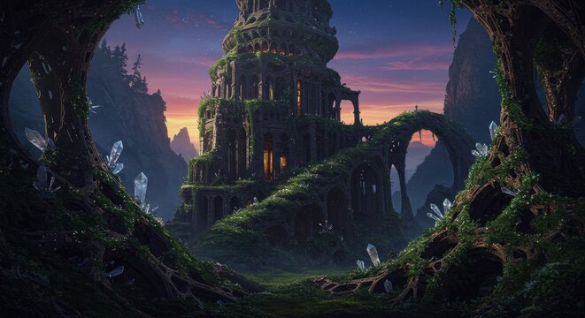 Enchanted Forest Ruins with Glowing Crystals at Sunset