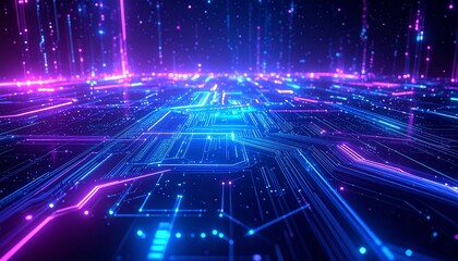 Journey through a vibrant cybernetic city with glowing data streams illuminating intricate circuit board pathways in a futuristic digital world
