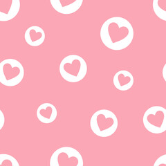 Cute Pink Hearts in White Circles Seamless Pattern