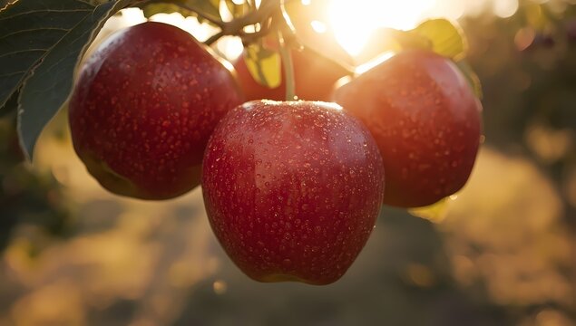 Juicy ripe red apples glistening with dew drops on the branch, bathed in warm golden sunset light, evoking freshness and natural harvest beauty.