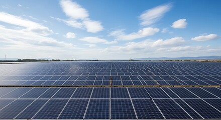 Solar panel field under a bright blue sky with fluffy white clouds