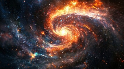A vibrant, swirling galaxy with a central core of orange and blue hues, surrounded by a dense cloud of stars and gas, set against a dark, star-studded backdrop.
