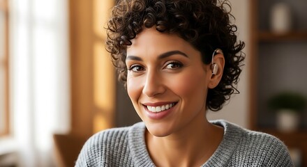 Smiling woman with hearing aid indoors, looking at the camera