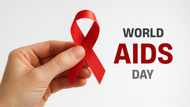 Hand holding an aids ribbon for world aids day, raising awareness for hivaids advocacy campaigns, health posters, social media posts.