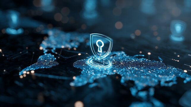 Digital world map with glowing security shield icon and network connections cybersecurity data protection