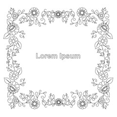 Floral square frame, Lorem Ipsum, monochrome outline 