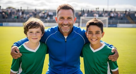 Smiling Soccer Coach with Young Players on Field