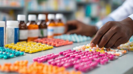 Pharmacist Carefully Preparing Medication in a Pharmacy Environment with Colorful Capsules and Bottles on a Bright Work Surface
