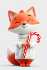 Obraz premium Cute 3D fox in knitted sweater holding candy cane - cozy Christmas joy and kids greeting