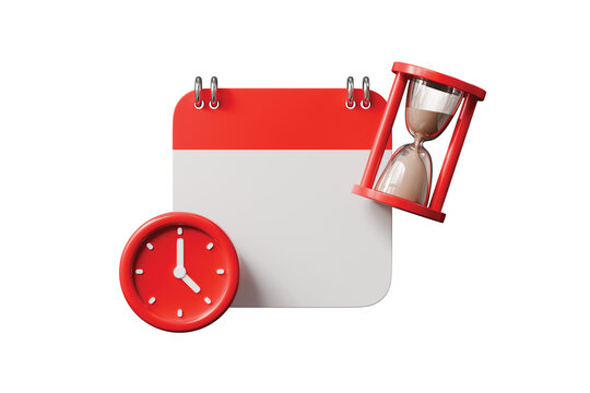 3d calendar with clock and hourglass icon. deadline planning concept. Minimal cartoon schedule planner reminder timer for app banner. isolated on white background. 3d render.