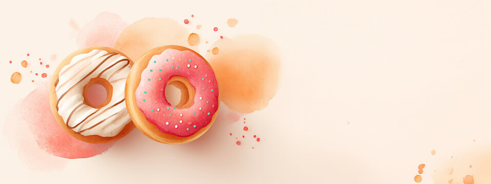 Elegant watercolor donuts on pastel background — concept of sweet banner for bakery and candy bar