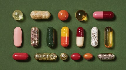 Pills and capsules assortment on green surface. Medicine and healthcare concept. Pharmaceutical products. Colorful medication.