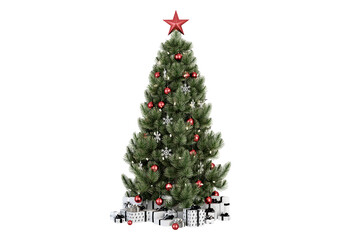 christmas tree and decorations isolated on white