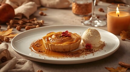 Beautifully plated apple tart with caramel sauce and ice cream, garnished with red flowers and set in a warm candlelit autumn ambiance.