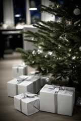 Elegant Christmas tree adorned with soft lights and wrapped presents, creating a serene holiday atmosphere in a minimalist setting with a touch of festive charm and warmth