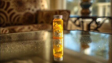 Prescription opioids addiction and overdose: a bottle of pills on a mirror table reflecting the concept of medicine shopping