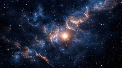 Naklejka premium A vast, star-studded expanse of space with a bright, glowing star at its center, surrounded by swirling, ethereal clouds and nebulae, set against a dark, starry backdrop.