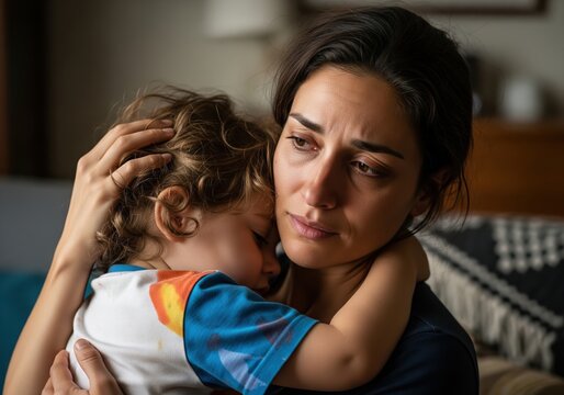 Distraught mother holding her sleeping child, reflecting on her worries and emotional burden