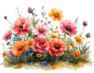 Vibrant Hand-Drawn Floral Bouquet with Watercolor Petals and Ink Outlines, Artistic PNG