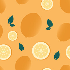 Orange Citrus and Teal Leaves Seamless Pattern on Orange Background