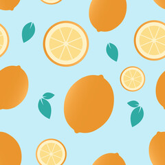 Orange Citrus and Teal Leaves Seamless Pattern on Blue Background