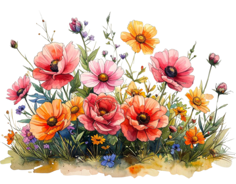 Vibrant Hand-Drawn Floral Bouquet with Watercolor Petals and Ink Outlines, Artistic PNG