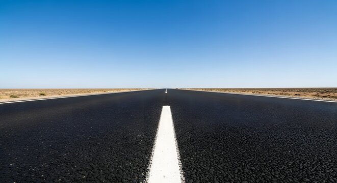 Empty asphalt road stretching to the horizon under a clear blue sky.