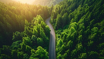 An aerial drone view of a winding road curving through a dense green forest illuminated by the warm golden light of a sunrise, symbolizing a journey or adventure