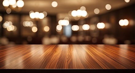 Wooden Tabletop with Blurred Restaurant Background and Bokeh Lights.