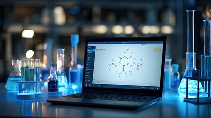 Modern laboratory setup with laptop displaying molecular structure and scientific equipment. - Powered by Adobe