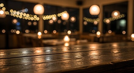 Atmospheric Bar Scene with Warm Lighting and Wooden Countertop.