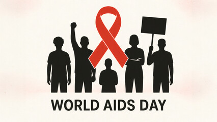 World aids day design with silhouettes, red ribbon, and awareness message. Suitable for health campaigns, social media, and educational materials.