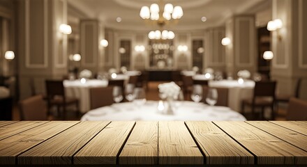 Elegant Wedding Reception with Wooden Table Foreground.