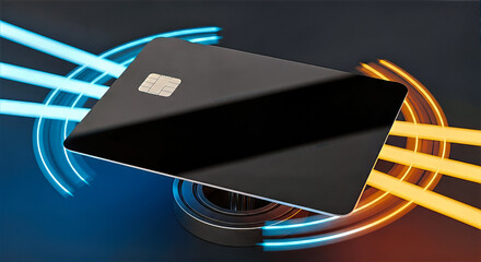 Credit card spinning with neon trails, concept of Cyber Monday sale.