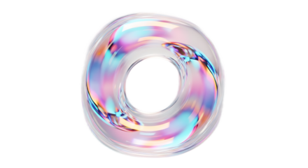 Iridescent torus with a transparent glass like texture on a black colored background
