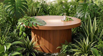 Elevated Product Display Amidst Lush Tropical Foliage - A Natural Presentation.