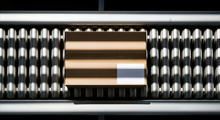 Cardboard parcel on conveyor rollers, concept of industrial rhythm, blank label, perfect for Cyber Monday sales campaigns.