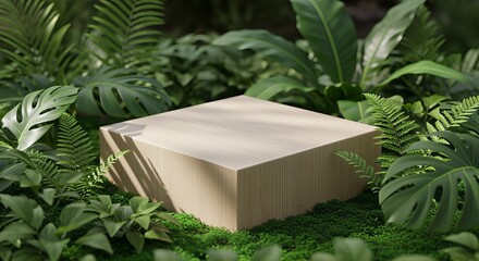 Minimalist Product Display Podium Surrounded by Lush Green Foliage.