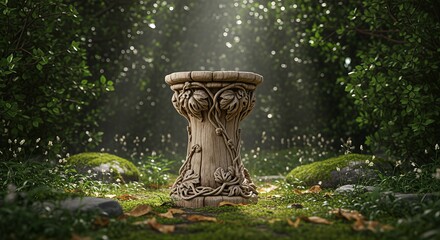 Mystical Stone Pedestal in Enchanted Forest Glade with Sunlight.