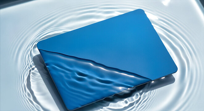 Blue card submerged in water with ripple caustics, refraction background suggesting Cyber Monday sale.