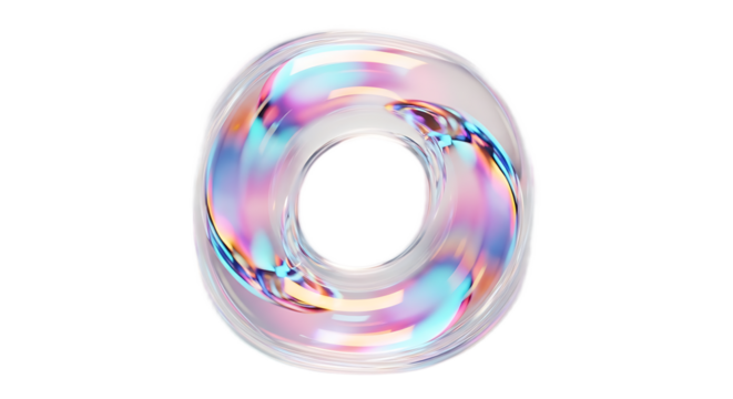 Iridescent torus with a transparent glass like texture on a black colored background