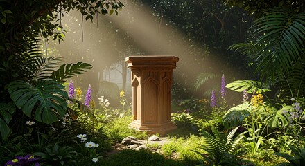 Sunlit Pedestal in Lush Jungle - A Scene of Tranquility.