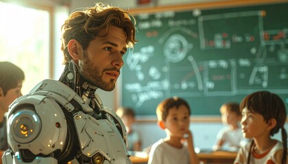 Futuristic Teacher in Classroom A Blend of Human and Technology Inspiring Young Minds