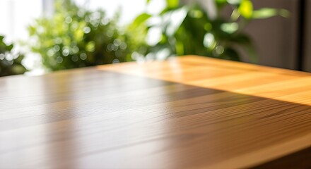 Sunlit Wooden Tabletop with Blurred Greenery Background - A Warm and Inviting Scene.